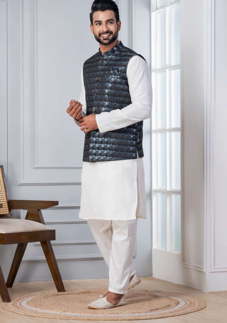White Embroidery Silk Kurta Set For Men - Indya