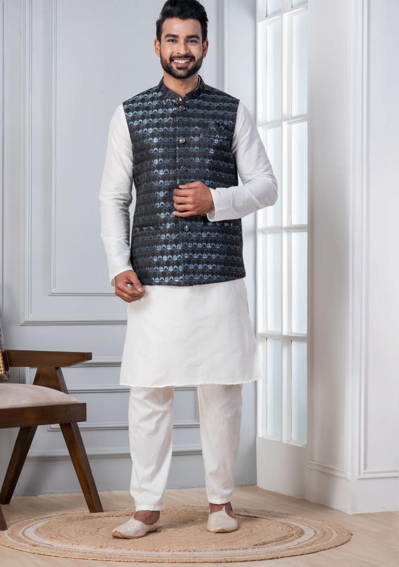 White Embroidery Silk Kurta Set For Men - Indya