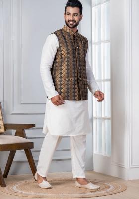 White Embroidery Silk Kurta Set For Men