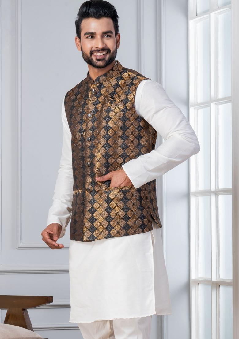 White Embroidery Silk Kurta Set For Men - Indya