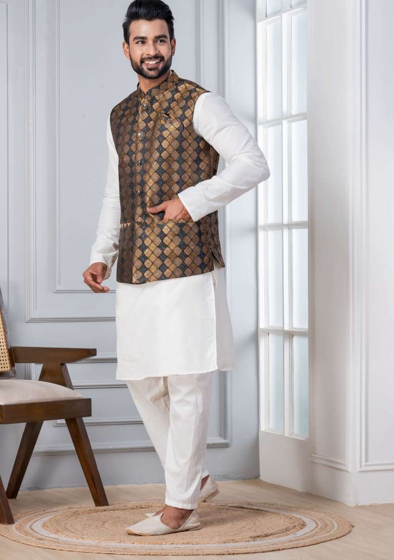 White Embroidery Silk Kurta Set For Men - Indya