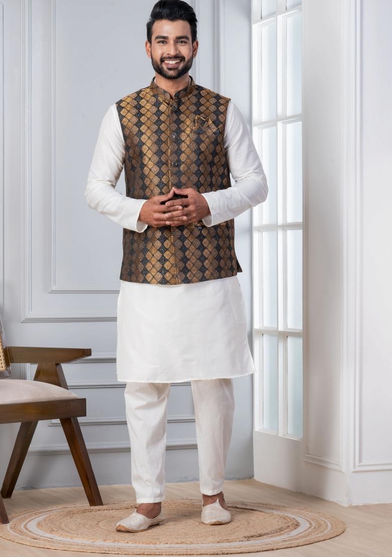 White Embroidery Silk Kurta Set For Men - Indya