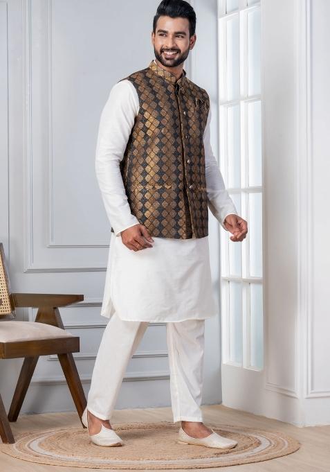 White Embroidery Silk Kurta Set For Men