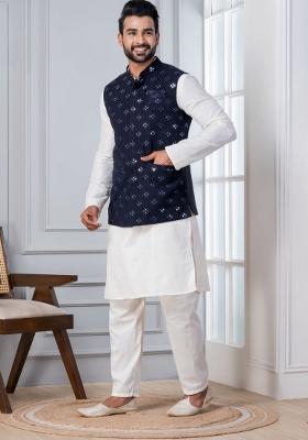 White Embroidery Silk Kurta Set For Men