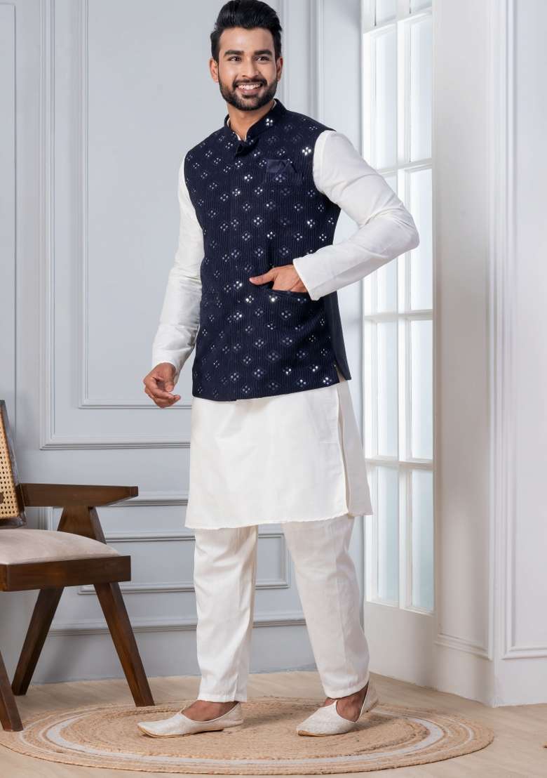 White Embroidery Silk Kurta Set For Men - Indya