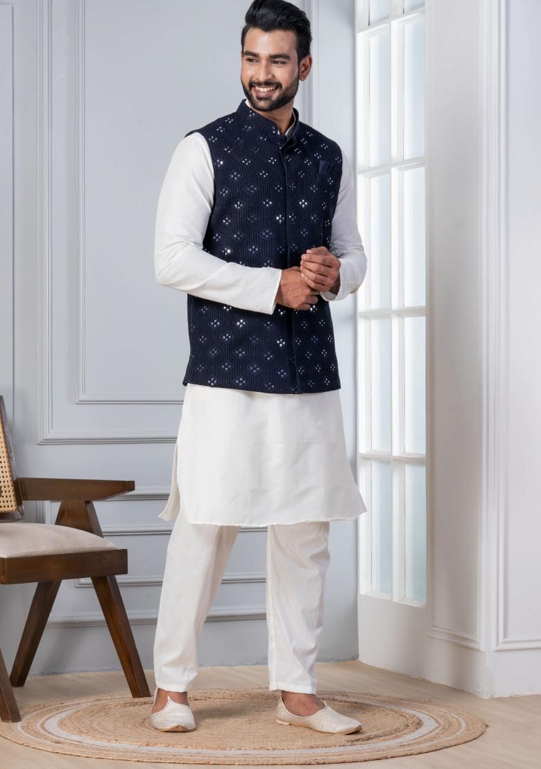 White Embroidery Silk Kurta Set For Men - Indya