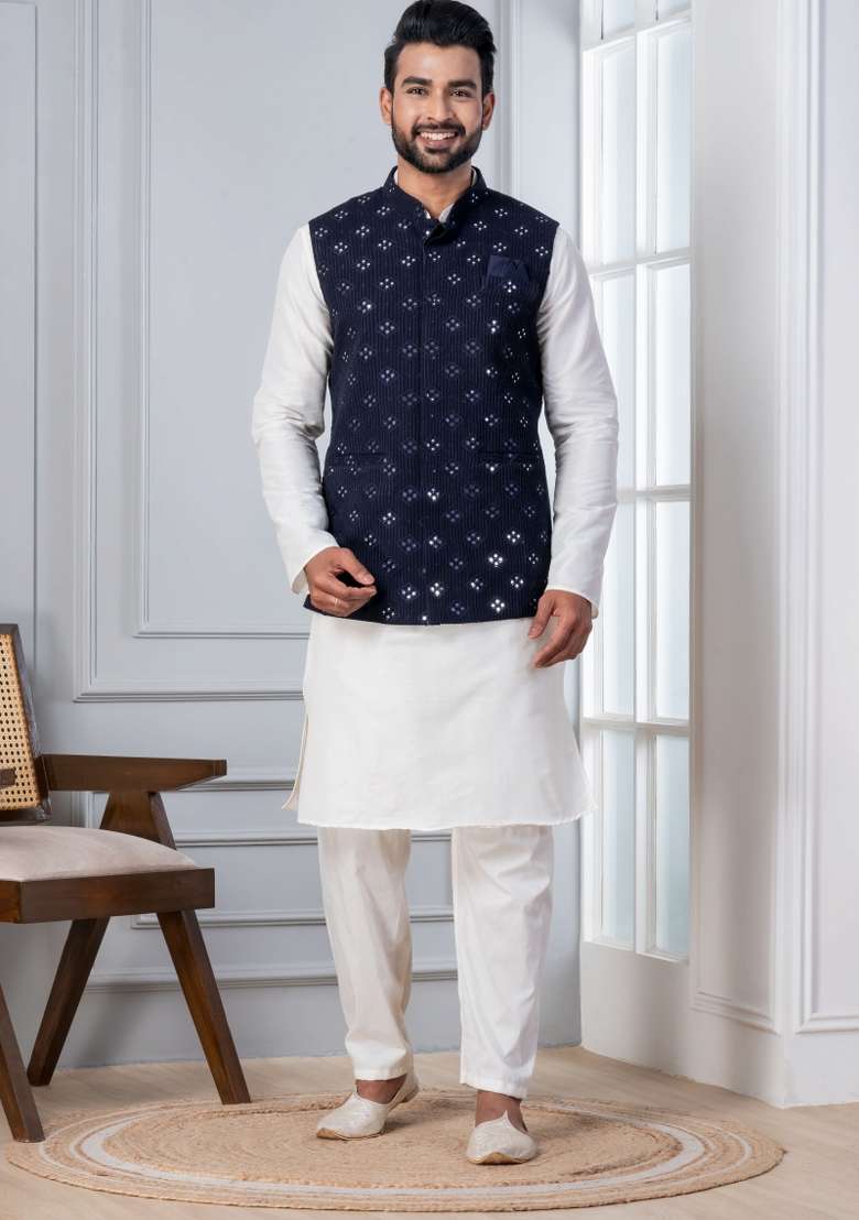 White Embroidery Silk Kurta Set For Men - Indya