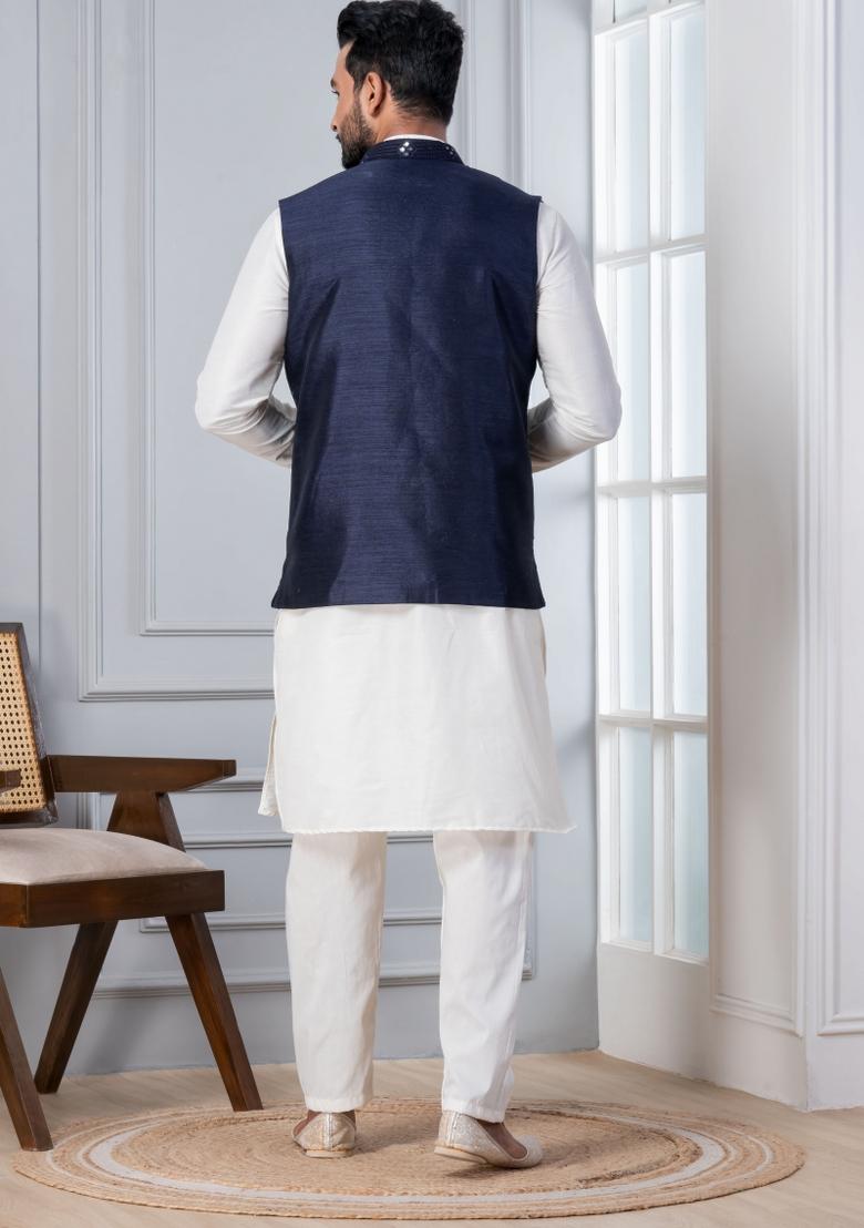 White Embroidery Silk Kurta Set For Men - Indya