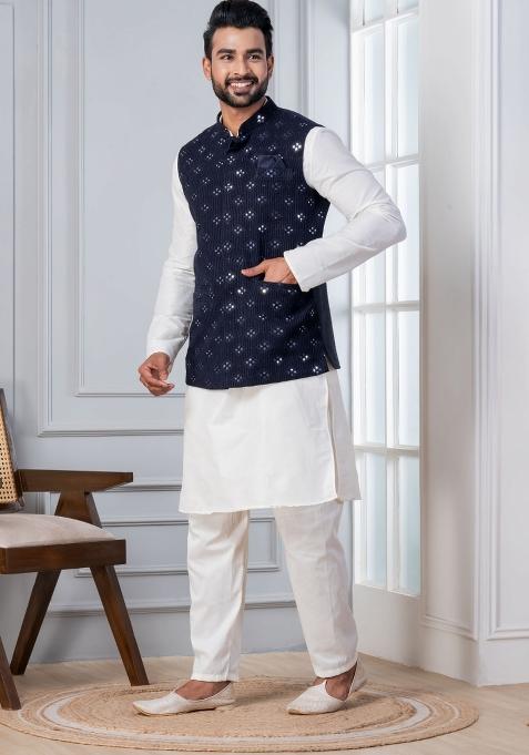 White Embroidery Silk Kurta Set For Men