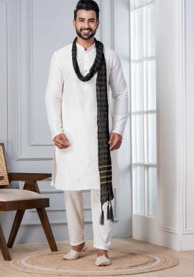 White Embroidery Silk Kurta Set For Men
