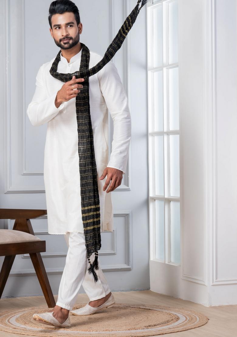 White Embroidery Silk Kurta Set For Men - Indya