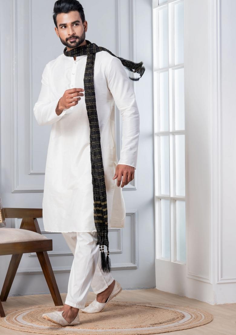 White Embroidery Silk Kurta Set For Men - Indya