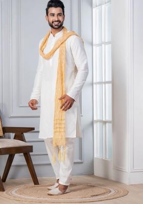 White Embroidery Silk Kurta Set For Men