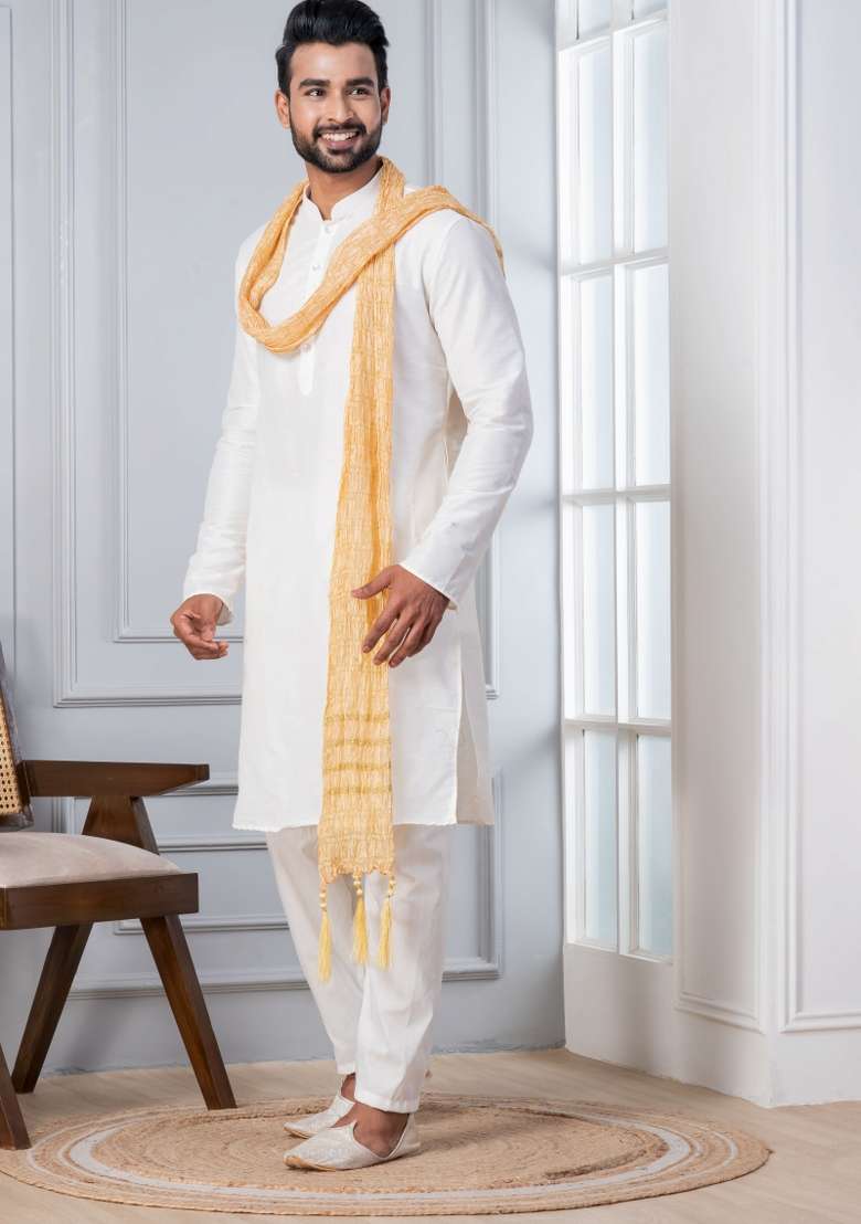 White Embroidery Silk Kurta Set For Men - Indya