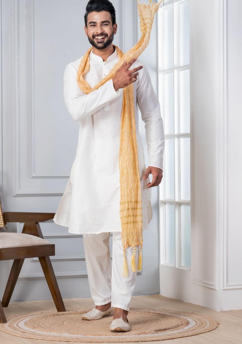 White Embroidery Silk Kurta Set For Men - Indya