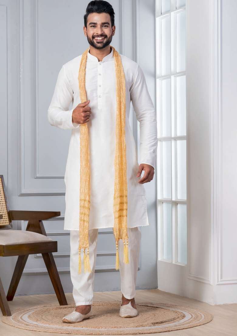 White Embroidery Silk Kurta Set For Men - Indya