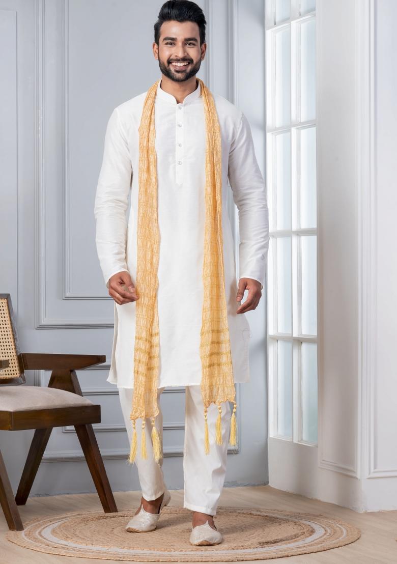 White Embroidery Silk Kurta Set For Men - Indya