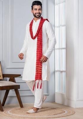 White Embroidery Silk Kurta Set For Men