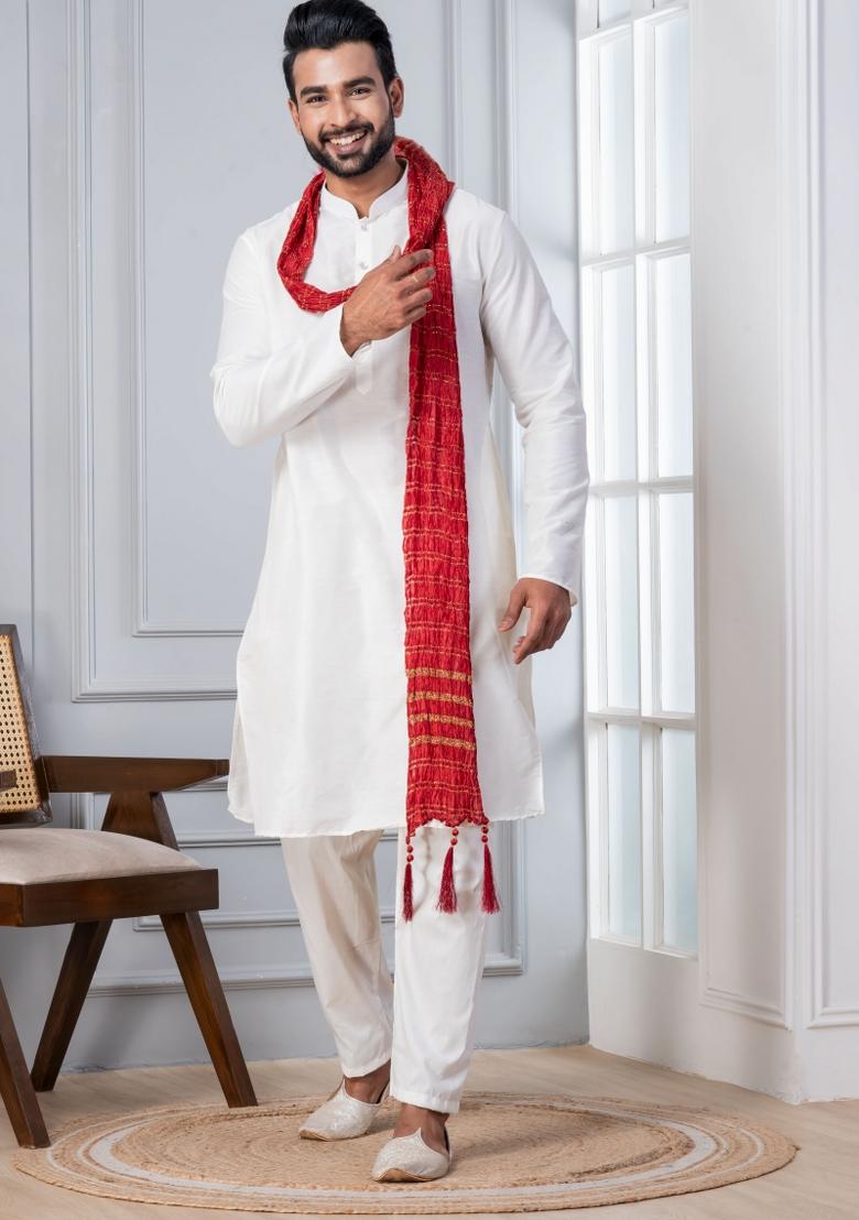 White Embroidery Silk Kurta Set For Men - Indya