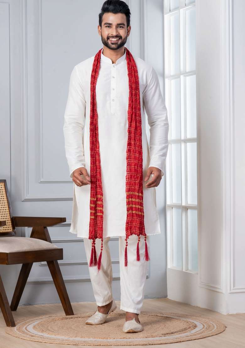 White Embroidery Silk Kurta Set For Men - Indya