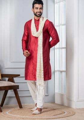 Red Embroidery Silk Kurta Set For Men