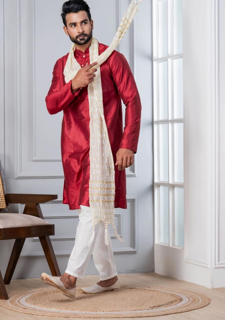 Red Embroidery Silk Kurta Set For Men - Indya