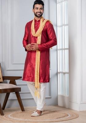 Red Embroidery Silk Kurta Set For Men