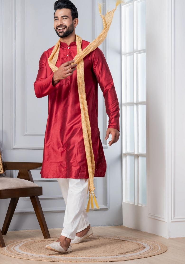 Red Embroidery Silk Kurta Set For Men - Indya
