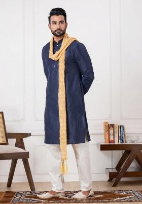 Blue Embroidery Silk Kurta Set For Men