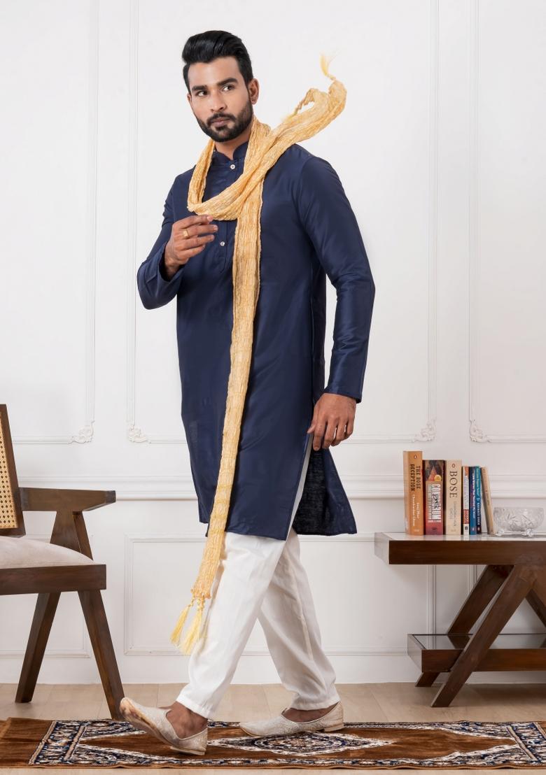 Blue Embroidery Silk Kurta Set For Men - Indya