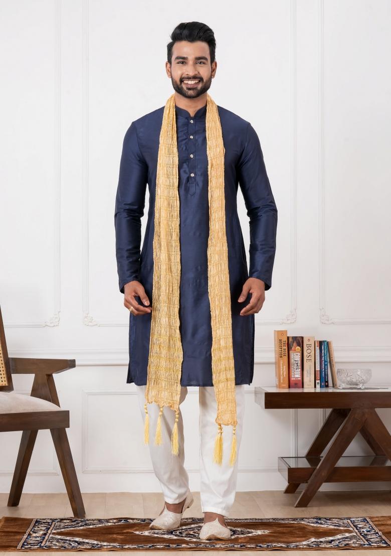 Blue Embroidery Silk Kurta Set For Men - Indya
