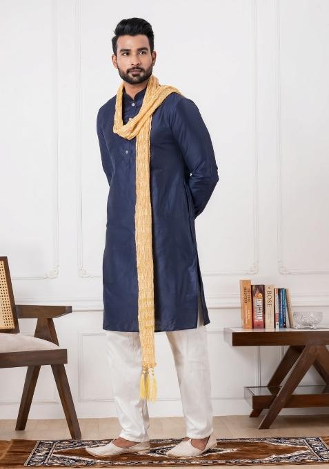 Blue Embroidery Silk Kurta Set For Men