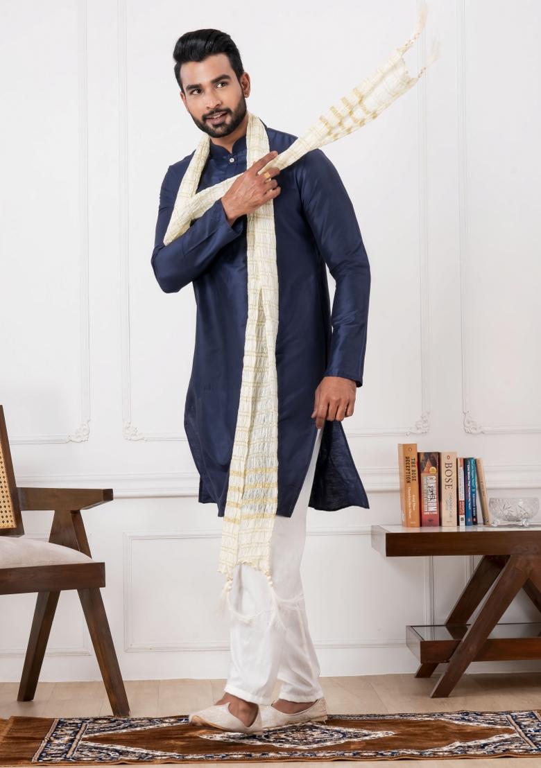 Blue Embroidery Silk Kurta Set For Men - Indya