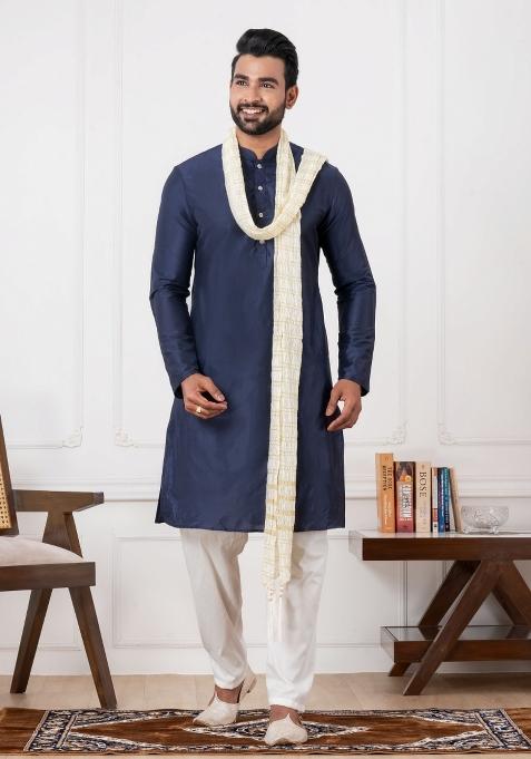Blue Embroidery Silk Kurta Set For Men