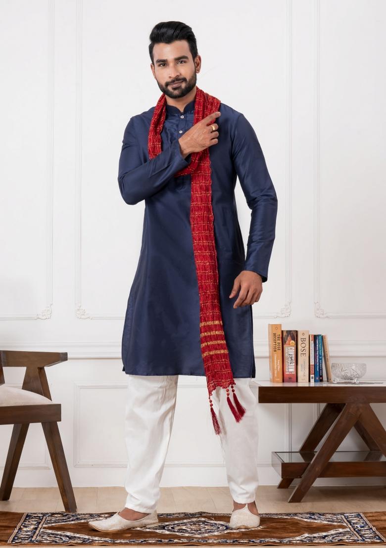 Blue Embroidery Silk Kurta Set For Men - Indya