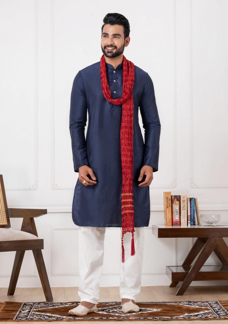 Blue Embroidery Silk Kurta Set For Men - Indya