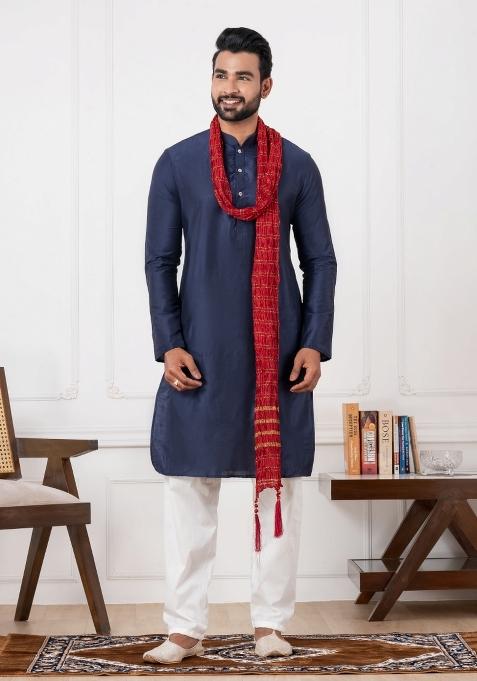 Blue Embroidery Silk Kurta Set For Men