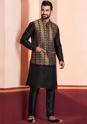 Black Embroidery Silk Kurta Set For Men