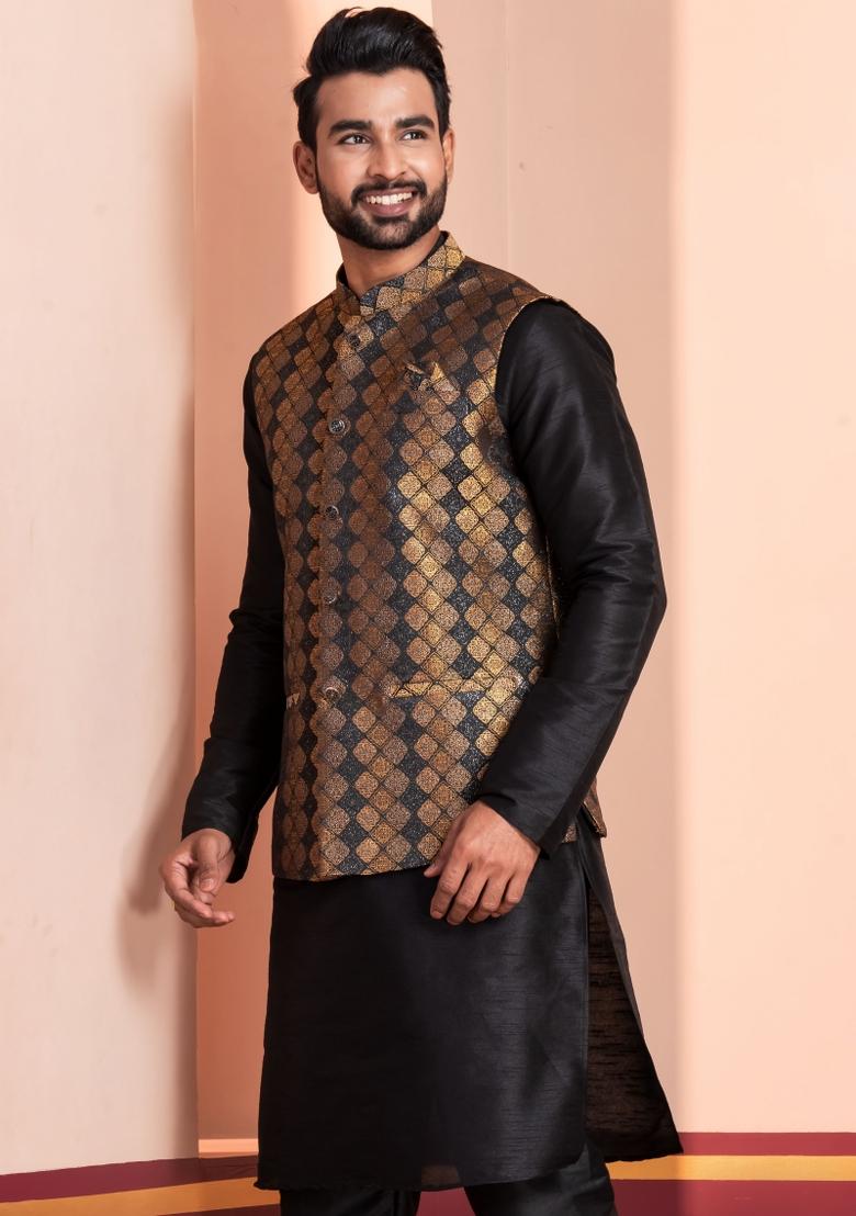 Black Embroidery Silk Kurta Set For Men - Indya