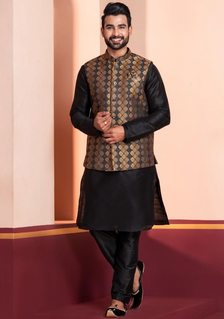 Black Embroidery Silk Kurta Set For Men - Indya