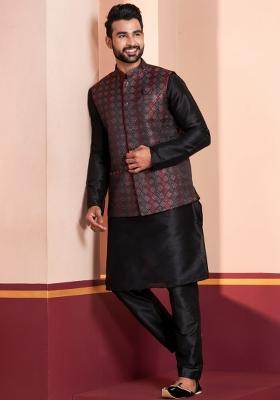 Black Embroidery Silk Kurta Set For Men