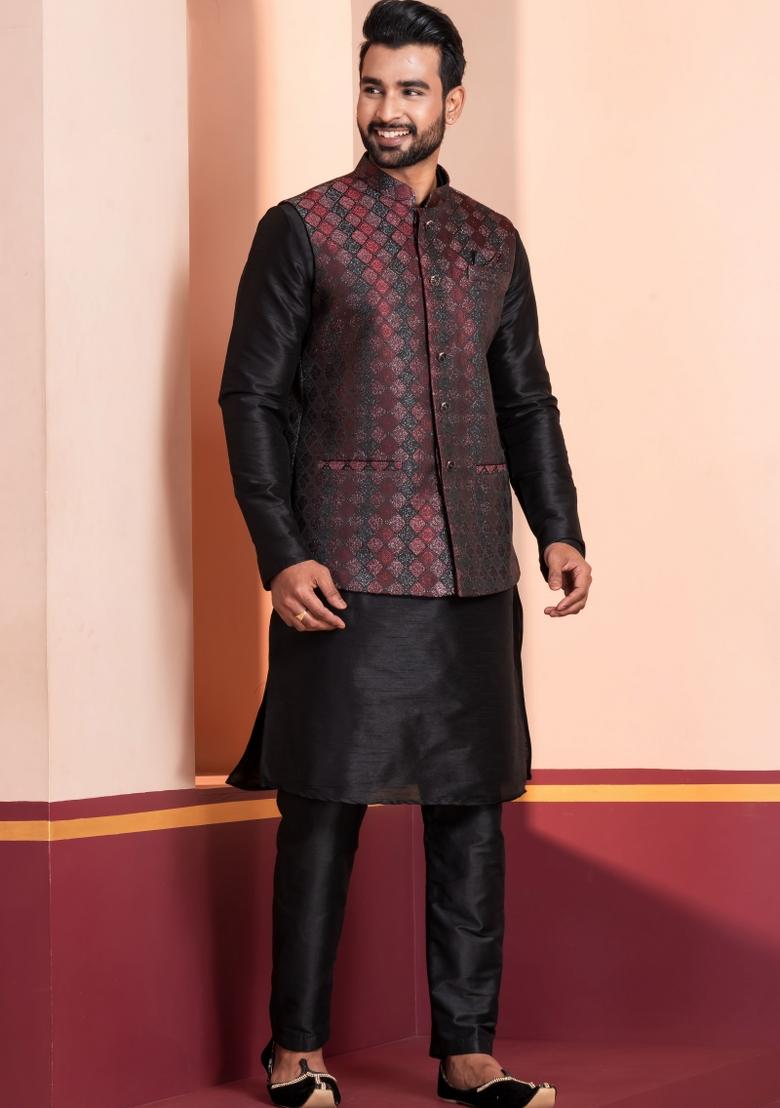Black Embroidery Silk Kurta Set For Men - Indya