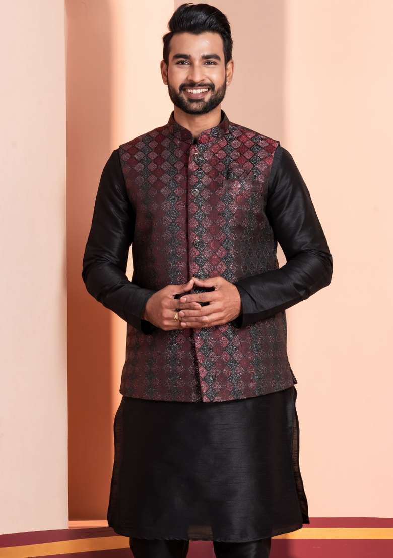 Black Embroidery Silk Kurta Set For Men - Indya