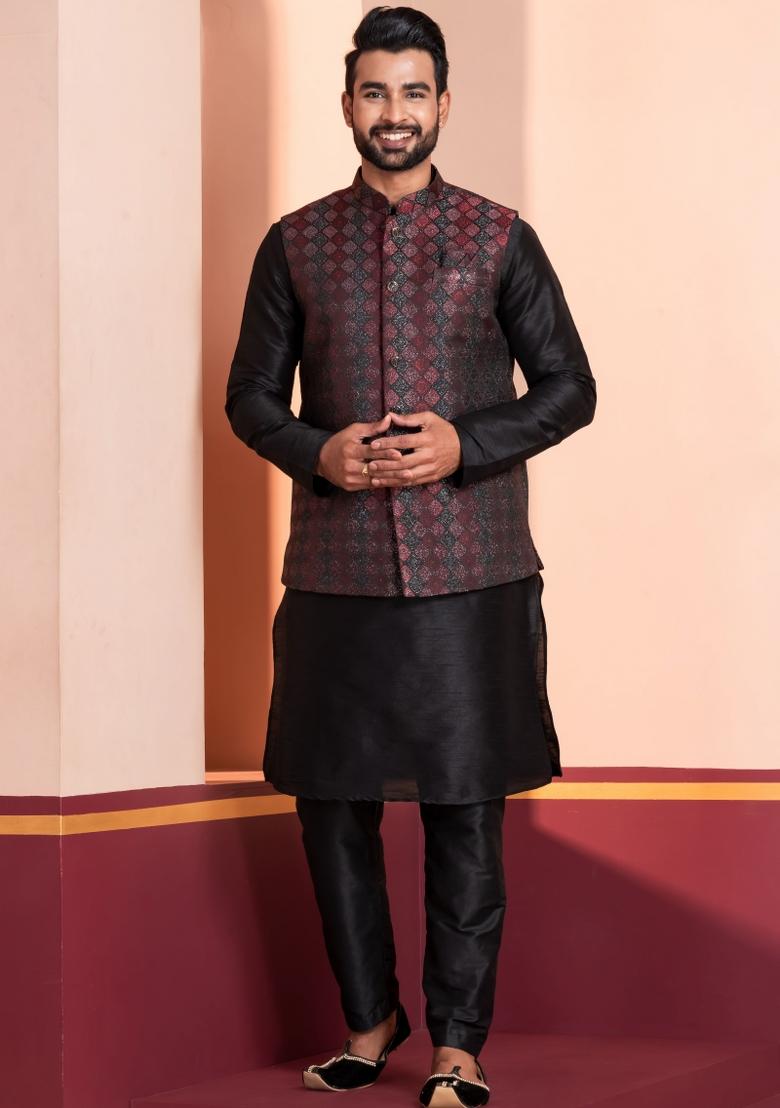 Black Embroidery Silk Kurta Set For Men - Indya