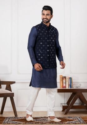 Black Embroidery Silk Kurta Set For Men
