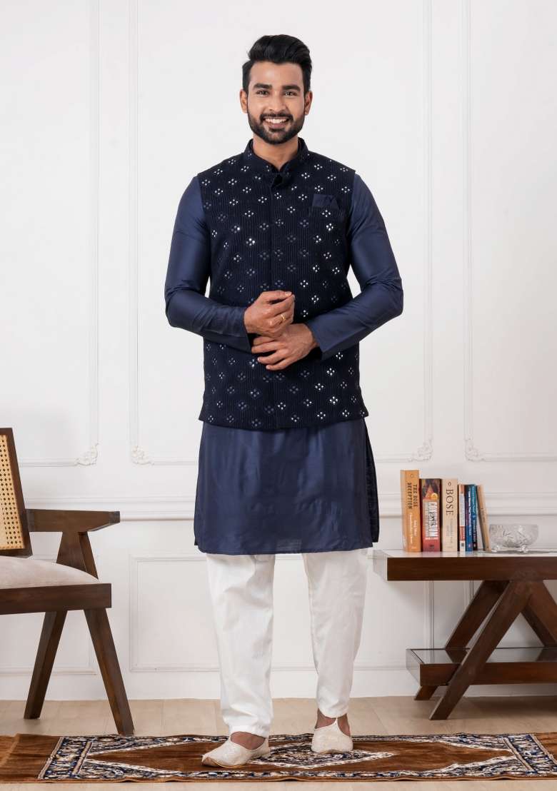 Black Embroidery Silk Kurta Set For Men - Indya