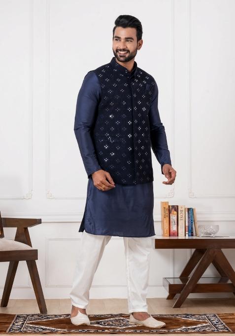 Black Embroidery Silk Kurta Set For Men