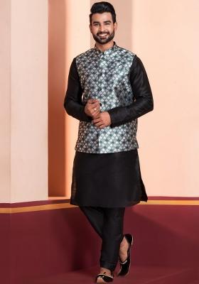 Black Embroidery Silk Kurta Set For Men