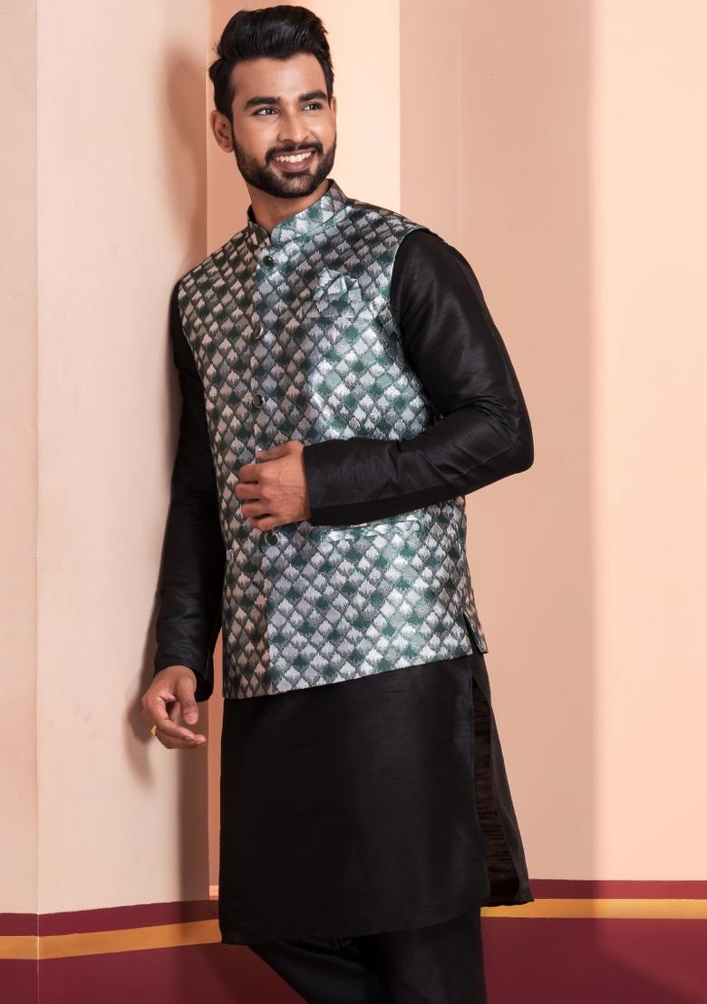 Black Embroidery Silk Kurta Set For Men - Indya