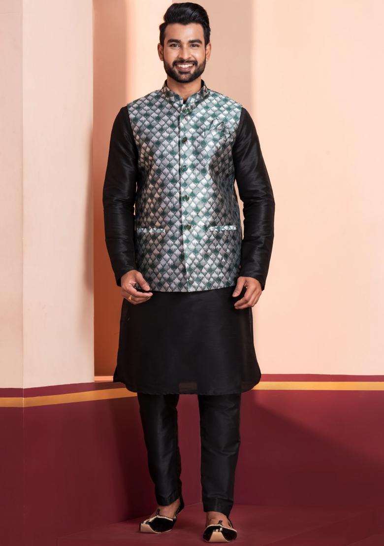Black Embroidery Silk Kurta Set For Men - Indya